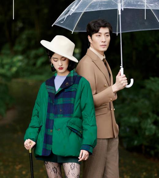 2F【電影時裝】沉香绿格羊毛双面尼拼接鹅绒服 商品图0