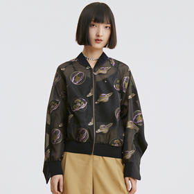 谜底2023春季新款复古花色时尚棒球服V领休闲短外套女薄235GW6068