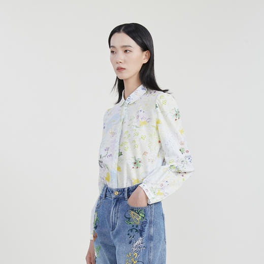 谜底印花衬衫女2023春款复古文艺宽松百搭花色衬衣长袖231MC0050 商品图1