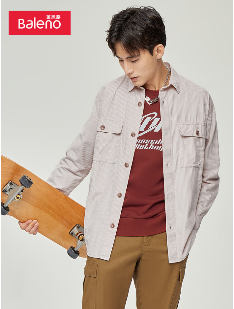 班尼路2022秋季新款男装斯文休闲棉质透气经典舒适灯芯绒衬衫男士潮流工装风衬衣
