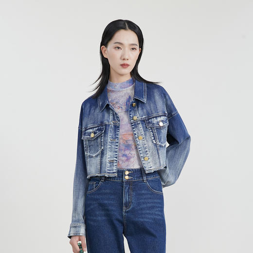 谜底短款牛仔外套女2023春新款复古渐变色洗水牛仔百搭231MW0022 商品图0