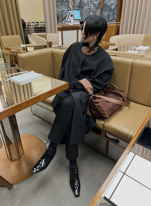 HIDEMI 廓形条纹翻边复古长款精纺羊毛风衣 商品图1