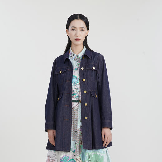 谜底中长款风衣女2023春新款复古多口袋单排扣牛仔外套231ME0032 商品图0