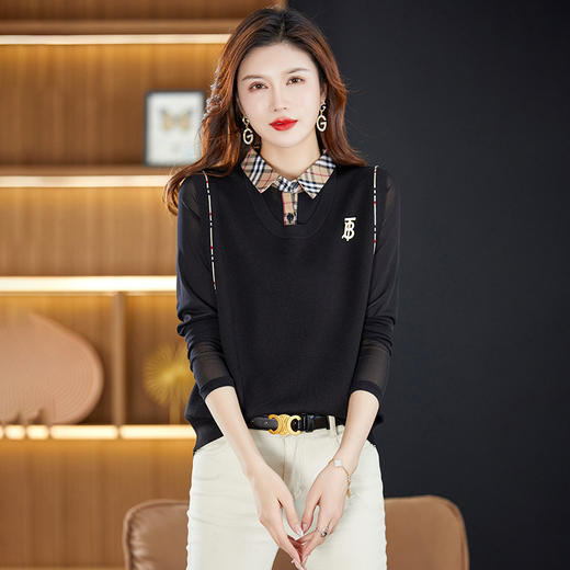 QYJD12-920 翻领修身显瘦女式针织衫短款洋气优雅长袖春装针织上衣T恤 商品图1
