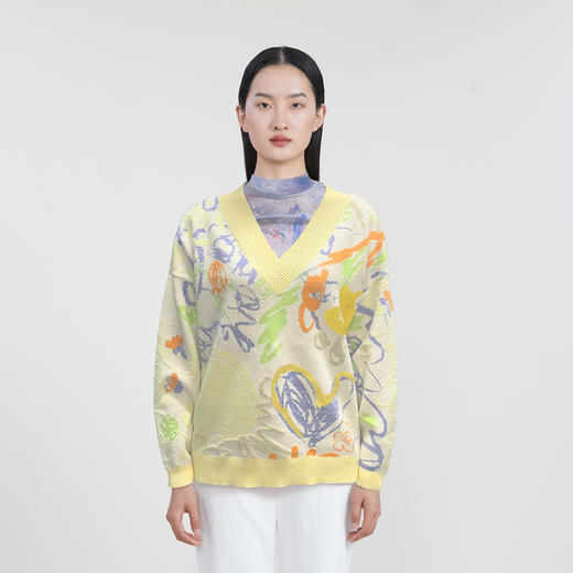 谜底V领套头针织衫女2023春季新款复古主题花色毛衫长袖231MZ0302 商品图1