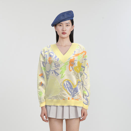 谜底V领套头针织衫女2023春季新款复古主题花色毛衫长袖231MZ0302 商品图0