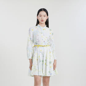 谜底花色连衣裙长袖女2023春新款小清新立领碎花中长裙231ML0109