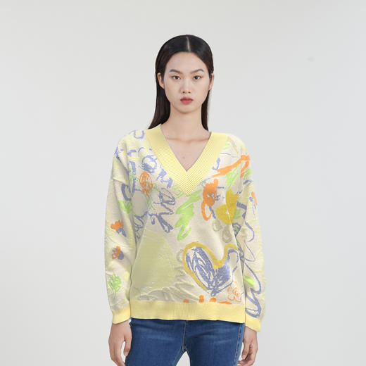 谜底V领套头针织衫女2023春季新款复古主题花色毛衫长袖231MZ0302 商品图2