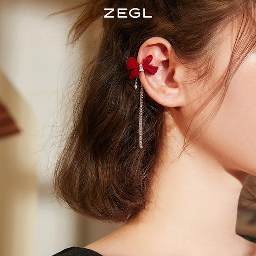 ZEGL设计师红色蝴蝶结丝绒耳环女长款流苏耳钉小众新年秋冬耳饰品 商品图2