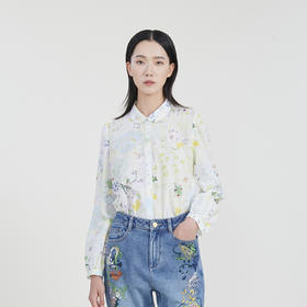 谜底印花衬衫女2023春款复古文艺宽松百搭花色衬衣长袖231MC0050