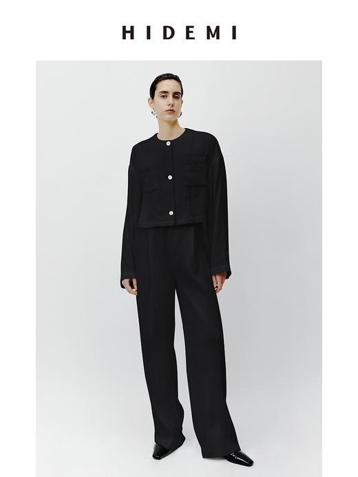 HIDEMI 极简褶皱垂顺感纽扣口袋外套/长裤套装  黑色/白色 商品图1