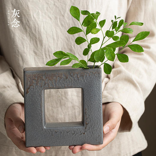 灰念 四方花器 粗陶花瓶日式花器陶瓷禅意花插创意家居客厅装饰摆件 商品图2