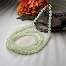 和田玉项链-水青长款银扣圆珠7#