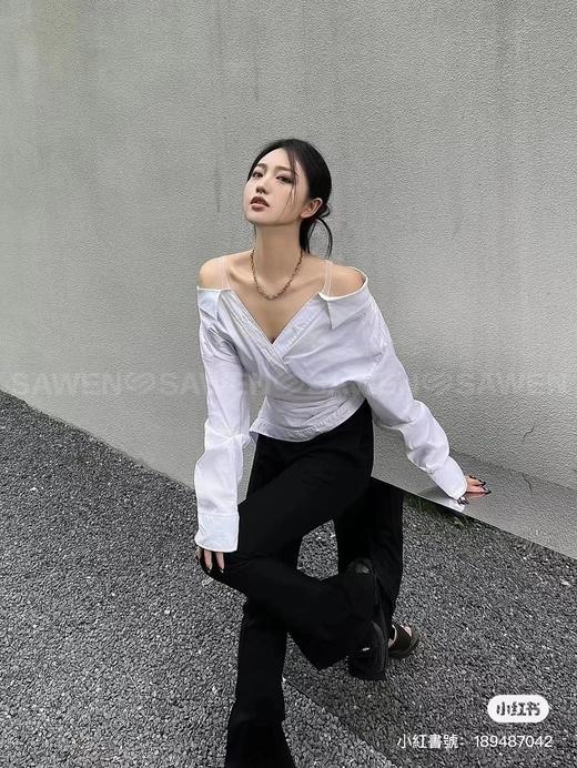 拼接抽褶设计露肩衬衫 商品图3