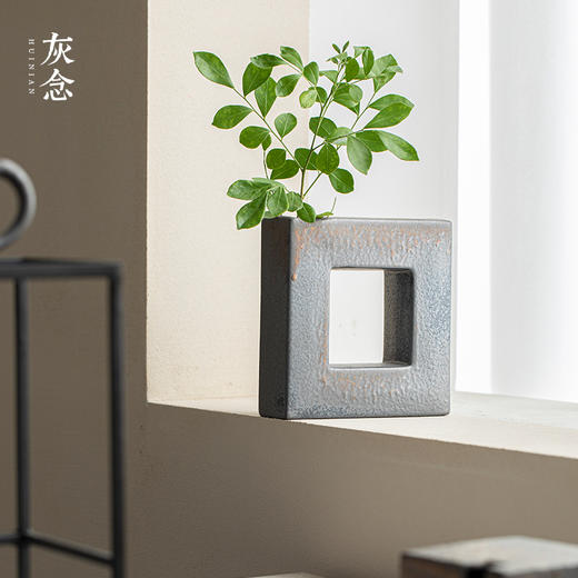 灰念 四方花器 粗陶花瓶日式花器陶瓷禅意花插创意家居客厅装饰摆件 商品图0