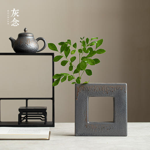 灰念 四方花器 粗陶花瓶日式花器陶瓷禅意花插创意家居客厅装饰摆件 商品图1