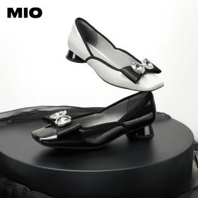 MIO米奥英伦风方头粗跟小单鞋蝴蝶结钻饰牛皮革浅口单鞋芭蕾舞鞋M231413921