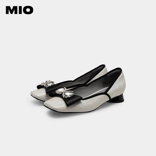 MIO米奥英伦风方头粗跟小单鞋蝴蝶结钻饰牛皮革浅口单鞋芭蕾舞鞋M231413921 商品图4