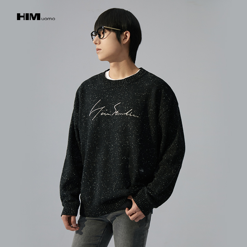 HIM漢崇 简约字母刺绣雪花点毛衣个性破洞圆领针织线衫 2025冬季