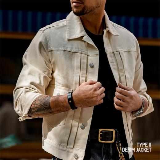 工装优选 美式复古二代牛仔夹克阿美咔叽米白色水洗丹宁外套男秋 商品图3