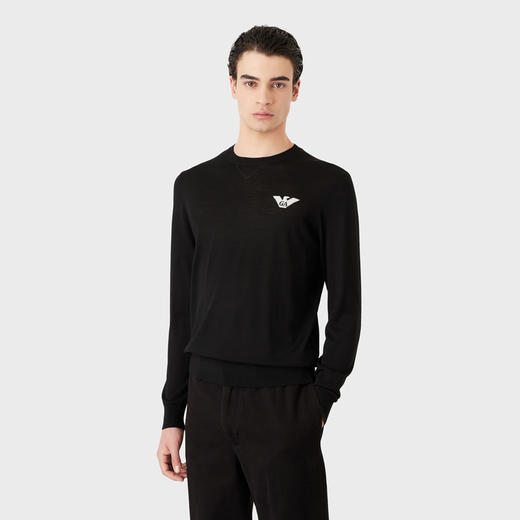 EMPORIO ARMANI 阿玛尼 男士刺绣徽标羊毛圆领长袖针织衫 黑色 6L1MXG 1MJVZ 0999 商品图1