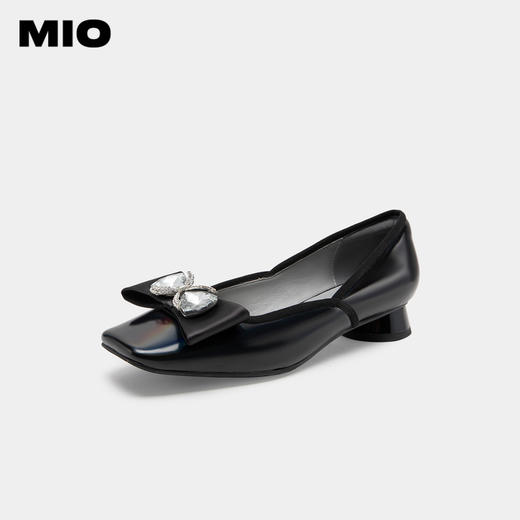 MIO米奥英伦风方头粗跟小单鞋蝴蝶结钻饰牛皮革浅口单鞋芭蕾舞鞋M231413921 商品图1