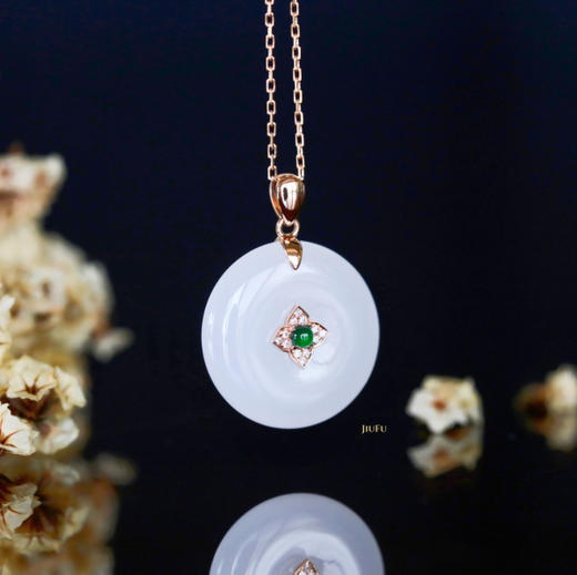 18K玫瑰金和田玉（白玉）镶钻吊坠--岁无忧/平安扣18*5mm /配镶翡翠 商品图3