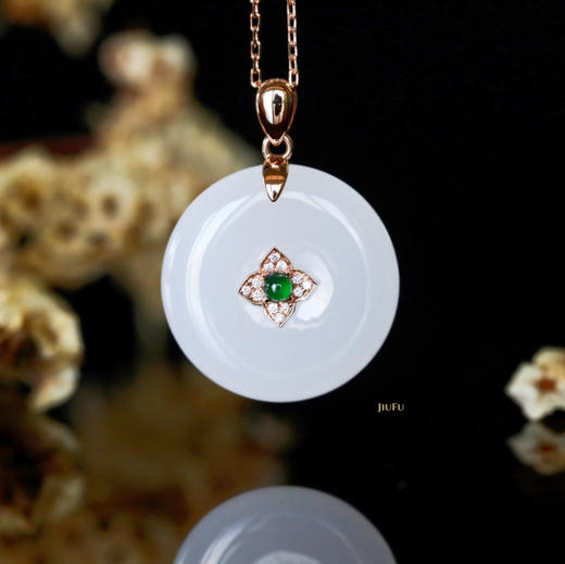 18K玫瑰金和田玉（白玉）镶钻吊坠--岁无忧/平安扣18*5mm /配镶翡翠 商品图2