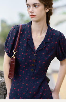 SimpleRetro 2023春新款碎花连衣裙女法式复古泡泡袖小个子中长裙