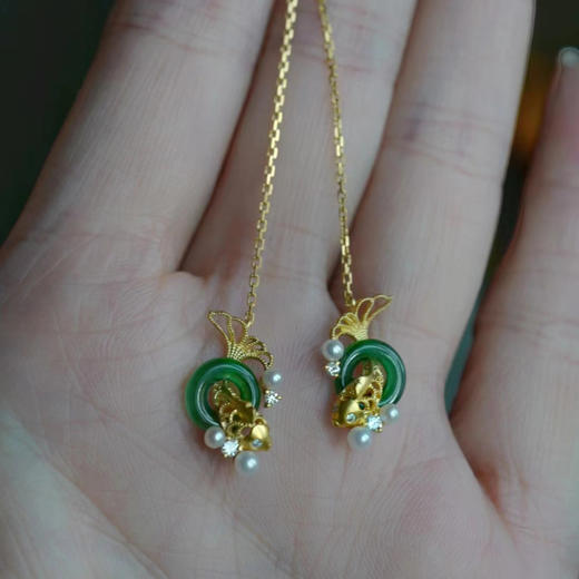 龢盒原创 18k金玉满堂翠翡锦鲤耳线/耳钉 耳环 商品图3