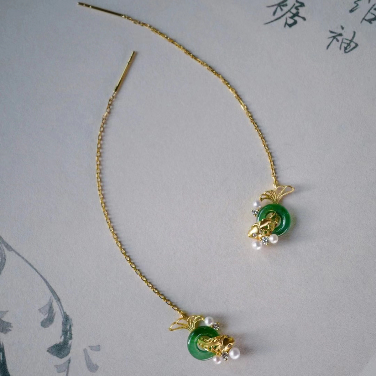 龢盒原创 18k金玉满堂翠翡锦鲤耳线/耳钉 耳环