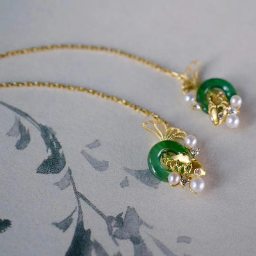 龢盒原创 18k金玉满堂翠翡锦鲤耳线/耳钉 耳环 商品图2