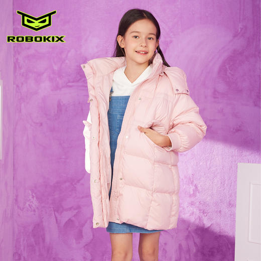 ROBOKIX冬季儿童女童羽绒服中长款加厚保暖大口袋帽子可拆卸 商品图2