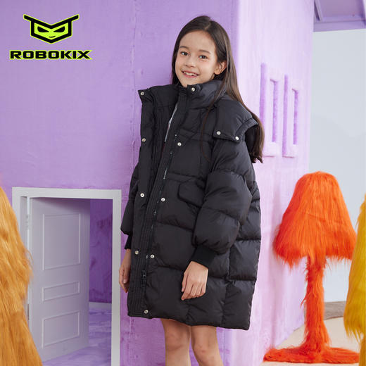 ROBOKIX冬季儿童女童羽绒服中长款加厚保暖大口袋帽子可拆卸 商品图1