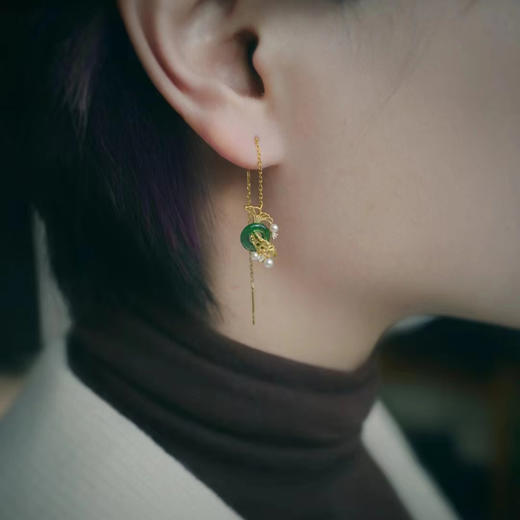 龢盒原创 18k金玉满堂翠翡锦鲤耳线/耳钉 耳环 商品图5