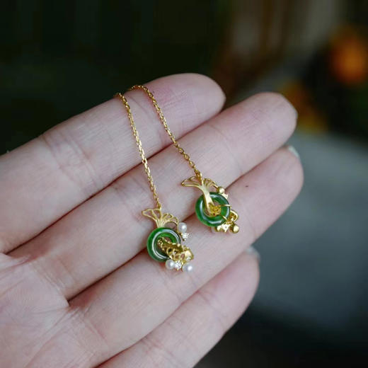 龢盒原创 18k金玉满堂翠翡锦鲤耳线/耳钉 耳环 商品图4