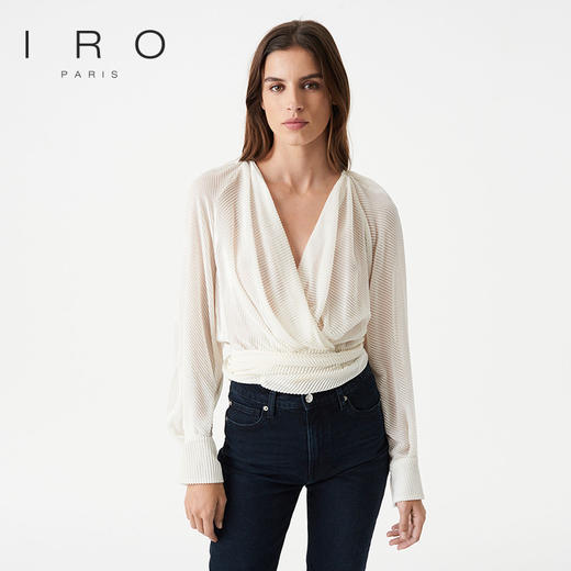【2F】IRO春夏新款法式轻奢女装气质收腰V领条纹短款长袖纺织衫 商品图3