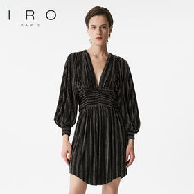 【2F】IRO春季新款法式轻奢女装气质裹腰银丝条纹短款灯笼袖连衣裙