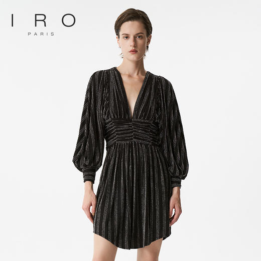 【2F】IRO春季新款法式轻奢女装气质裹腰银丝条纹短款灯笼袖连衣裙 商品图0