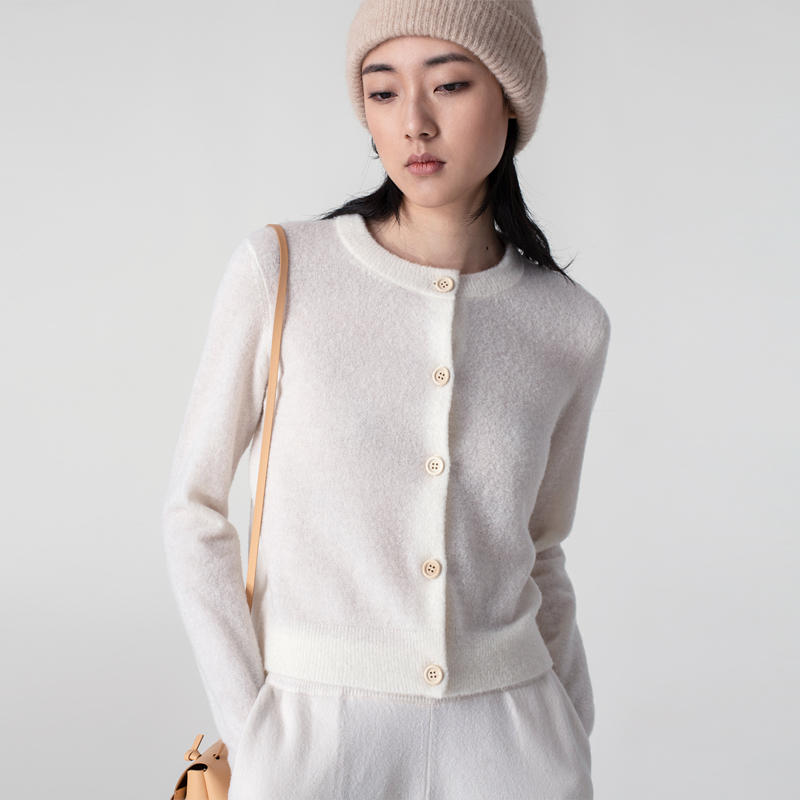 322工房圈圈纱美利奴羊毛衫2023年新款秋季长袖圆领纯色开衫外套