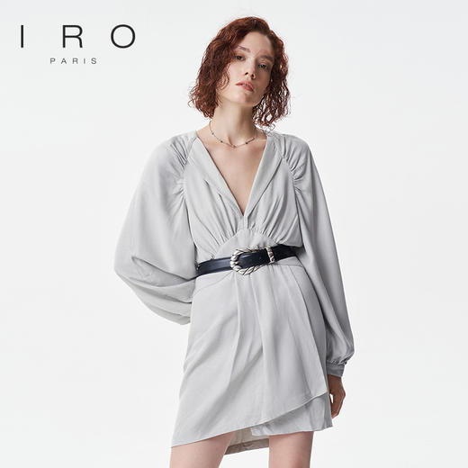 【2F】IRO春季新款法式轻奢女装纯色收腰V领褶皱不规则连衣裙 商品图3