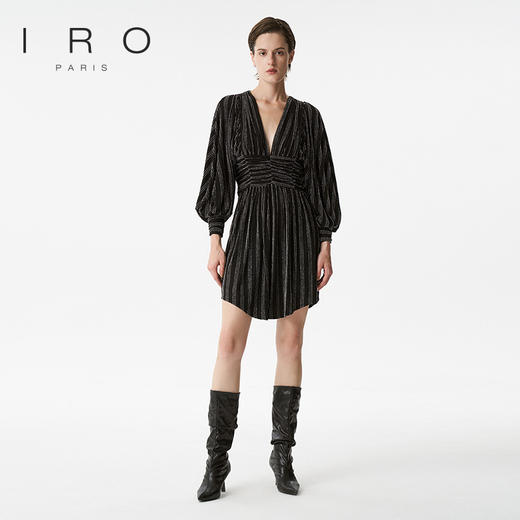 【2F】IRO春季新款法式轻奢女装气质裹腰银丝条纹短款灯笼袖连衣裙 商品图2