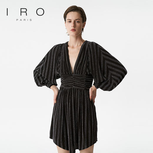 【2F】IRO春季新款法式轻奢女装气质裹腰银丝条纹短款灯笼袖连衣裙 商品图1