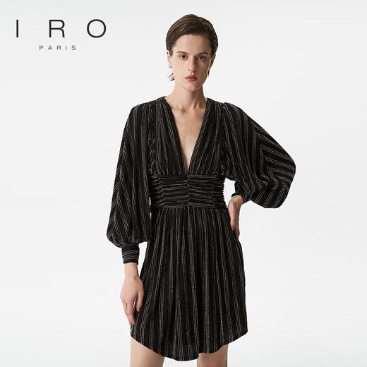 【2F】IRO春季新款法式轻奢女装气质裹腰银丝条纹短款灯笼袖连衣裙 商品图3