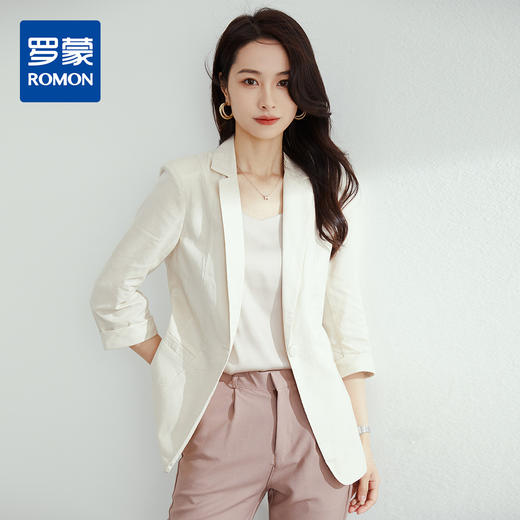 【棉麻面料】罗蒙小西装女外套夏季轻薄透气凉爽速干修身小西装单西服女 商品图0
