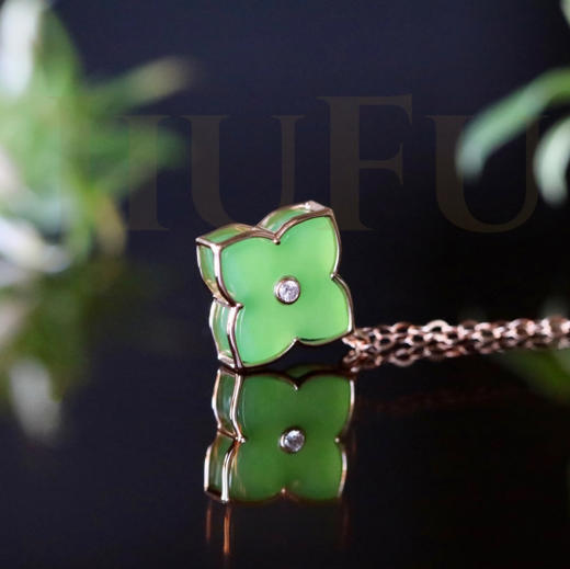 18K玫瑰金和田玉（碧玉）镶钻项链--四叶草12*12mm/链长40+2cm/苹果绿 商品图1