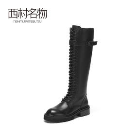 西村名物2020冬季新款长筒靴牛皮革中跟休闲朋克风机车长靴X20DQ40181