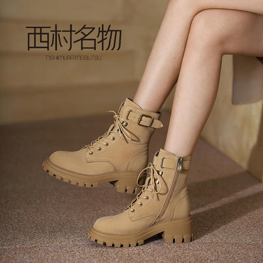 西村名物2021秋冬新品马丁靴牛皮革中跟英伦风系带短靴X21DS46191 商品图0