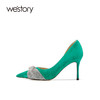 westory新款仙女风高跟鞋蝴蝶结亮钻细跟尖头浅口女单鞋时尚宴会W22AH53761 商品缩略图0