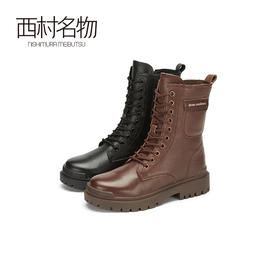 西村名物2020冬季新款朋克风潮流系带加绒马丁靴牛皮革平底女靴X20DC42141